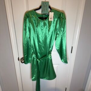 New Day Women's Green Satin Long Sleeve Tie Waist Dress XXL